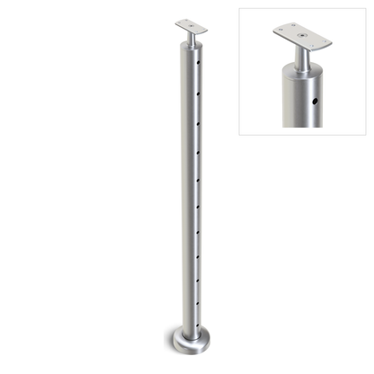 Round End Post with Straight Fixed Saddle - Flat Handrail - 960mm High - 50.8 x 3mm Tube - 11 x 9mm Holes in 1 Side - Heavy Duty Base Plate and Cover - 316 Grade Stainless Steel Satin finish