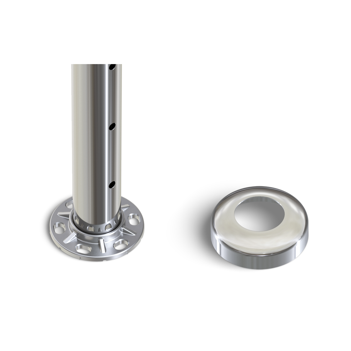 Round End Post with Straight Fixed Saddle - Flat Handrail - 960mm High - 50.8 x 3mm Tube - 11 x 9mm Holes in 1 Side - Heavy Duty Base Plate and Cover - 316 Grade Stainless Steel Mirror polished
