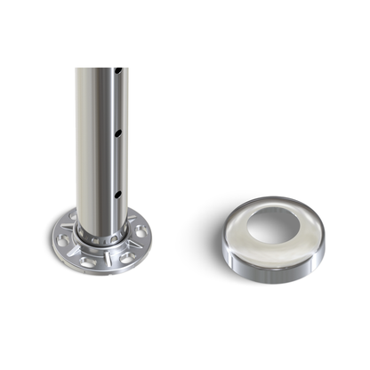 Round Intermediate Post with Straight Fixed Saddle - Round Handrail - 960mm High - 50.8 x 1.6mm Tube - 22 x 8mm Holes in 2 Sides - Heavy Duty Base Plate and Cover - 316 Grade Stainless Steel Mirror polished