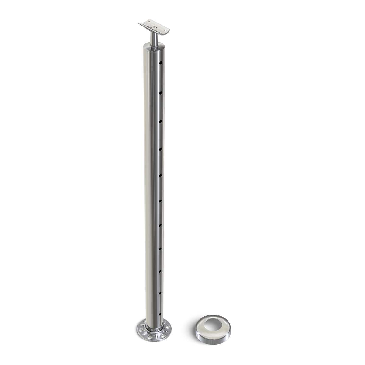 Round Intermediate Post with Straight Fixed Saddle - Round Handrail - 960mm High - 50.8 x 1.6mm Tube - 22 x 8mm Holes in 2 Sides - Heavy Duty Base Plate and Cover - 316 Grade Stainless Steel Mirror polished