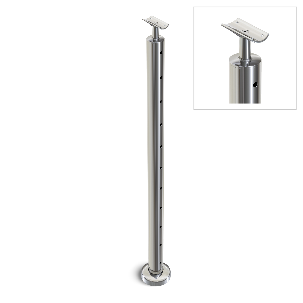 Round End Post with Straight Fixed Saddle - Round Handrail - 960mm High - 50.8 x 3mm Tube - 11 x 9mm Holes in 1 Side - Heavy Duty Base Plate and Cover - 316 Grade Stainless Steel Mirror polished