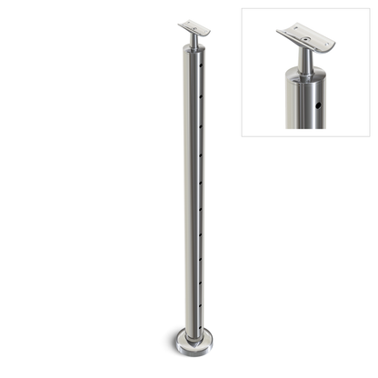 Round End Post with Straight Fixed Saddle - Round Handrail - 960mm High - 50.8 x 3mm Tube - 11 x 9mm Holes in 1 Side - Heavy Duty Base Plate and Cover - 316 Grade Stainless Steel Mirror polished
