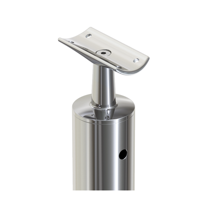 Round End Post with Straight Fixed Saddle - Round Handrail - 960mm High - 50.8 x 3mm Tube - 11 x 9mm Holes in 1 Side - Heavy Duty Base Plate and Cover - 316 Grade Stainless Steel Mirror polished