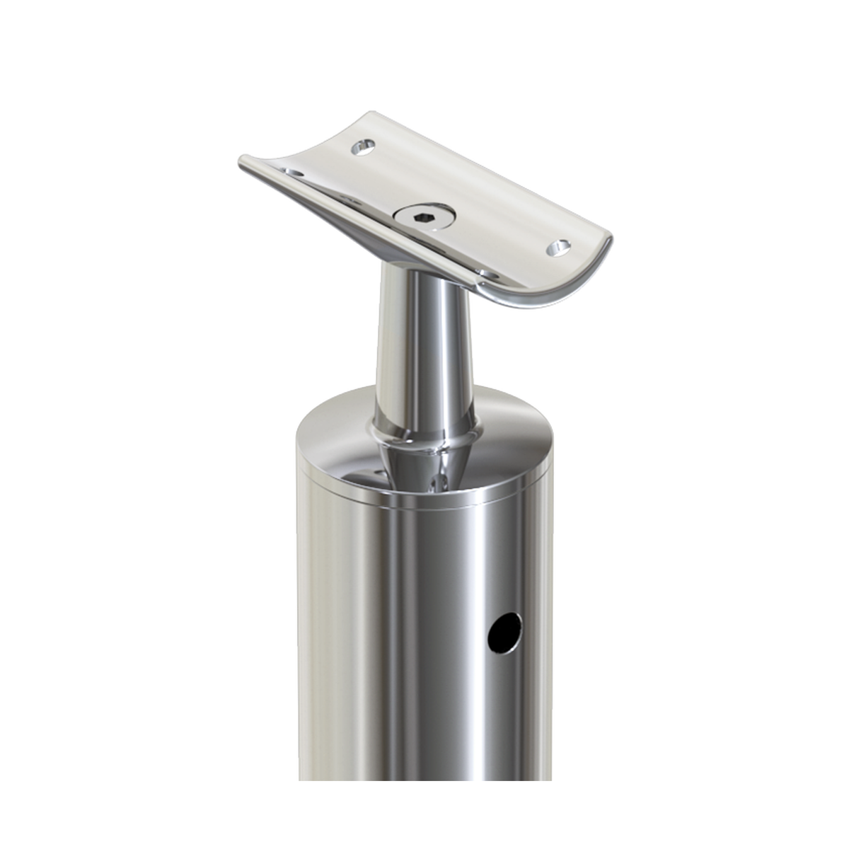 Round Intermediate Post with Straight Fixed Saddle - Round Handrail - 960mm High - 50.8 x 1.6mm Tube - 22 x 8mm Holes in 2 Sides - Heavy Duty Base Plate and Cover - 316 Grade Stainless Steel Mirror polished