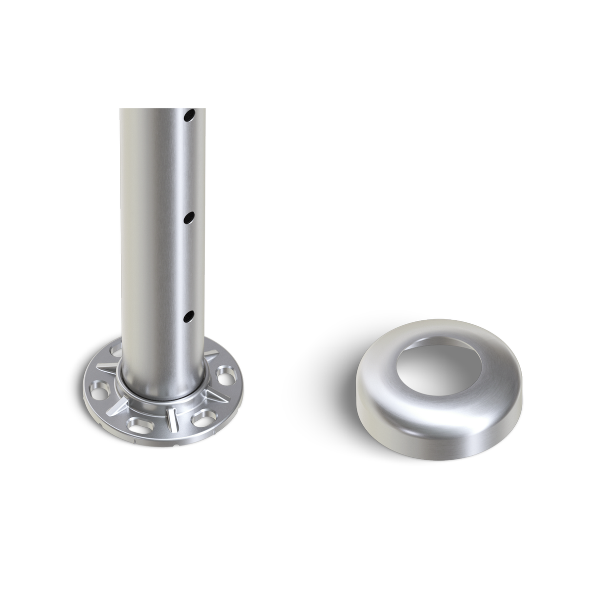 Round Intermediate Post with Straight Fixed Saddle - Round Handrail - 960mm High - 50.8 x 1.6mm Tube - 22 x 8mm Holes in 2 Sides - Heavy Duty Base Plate and Cover - 316 Grade Stainless Steel Satin finish