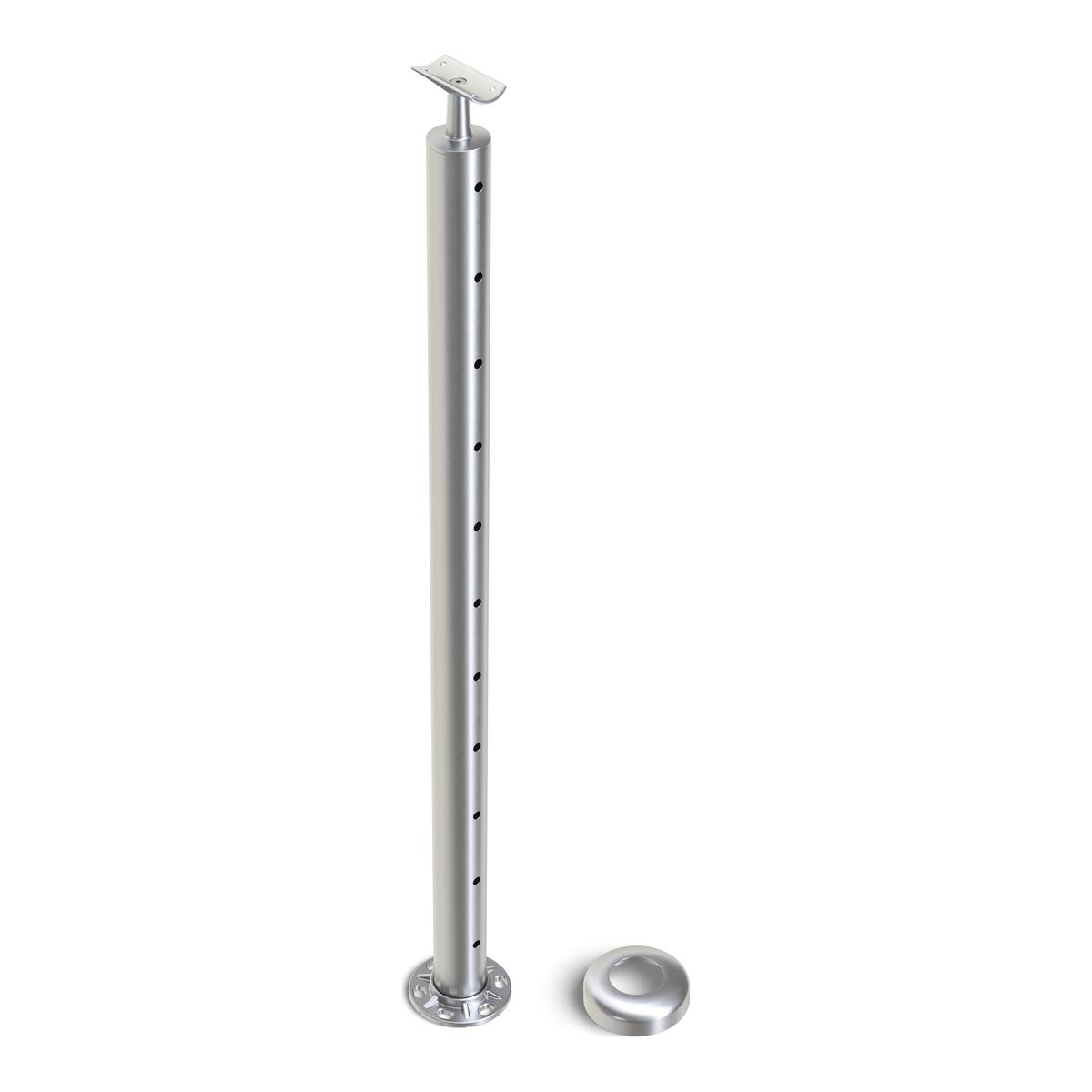 Round End Post with Straight Fixed Saddle - Round Handrail - 960mm High - 50.8 x 3mm Tube - 11 x 9mm Holes in 1 Side - Heavy Duty Base Plate and Cover - 316 Grade Stainless Steel Satin finish
