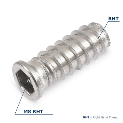 Threaded Timber Inserts M8 x 32mm RHT - 304 Grade Stainless Steel