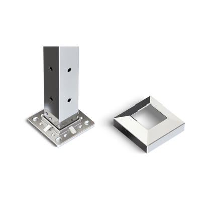 Square Corner Post with Corner Fixed Saddle - Flat Handrail - 960mm High - 50.8 x 50.8 x 3mm Tube - 22 x 9mm Holes in 2 Sides - Heavy Duty Base Plate and Cover - 316 Grade Stainless Steel Mirror polished