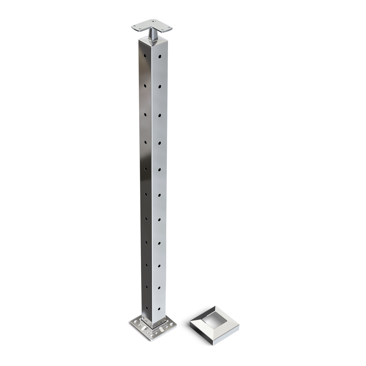 Square Corner Post with Corner Fixed Saddle - Flat Handrail - 960mm High - 50.8 x 50.8 x 3mm Tube - 22 x 9mm Holes in 2 Sides - Heavy Duty Base Plate and Cover - 316 Grade Stainless Steel Mirror polished