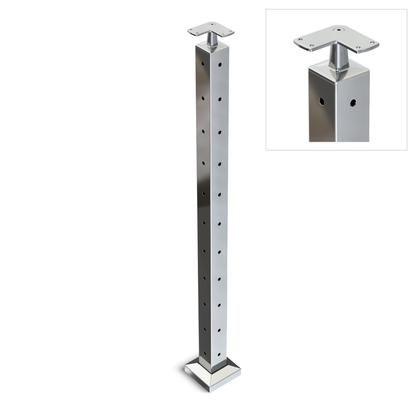 Square Corner Post with Corner Fixed Saddle - Flat Handrail - 960mm High - 50.8 x 50.8 x 3mm Tube - 22 x 9mm Holes in 2 Sides - Heavy Duty Base Plate and Cover - 316 Grade Stainless Steel Mirror polished