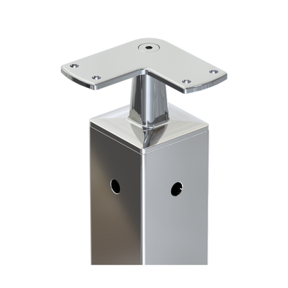 Square Corner Post with Corner Fixed Saddle - Flat Handrail - 960mm High - 50.8 x 50.8 x 3mm Tube - 22 x 9mm Holes in 2 Sides - Heavy Duty Base Plate and Cover - 316 Grade Stainless Steel Mirror polished