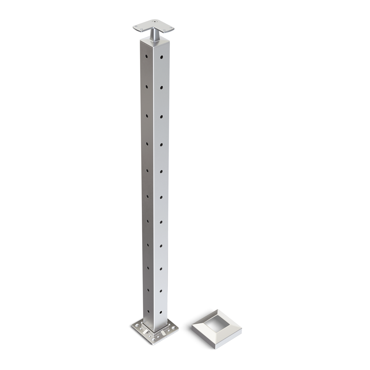 Square Corner Post with Corner Fixed Saddle - Flat Handrail - 960mm High - 50.8 x 50.8 x 3mm Tube - 22 x 9mm Holes in 2 Sides - Heavy Duty Base Plate and Cover - 316 Grade Stainless Steel Satin finish