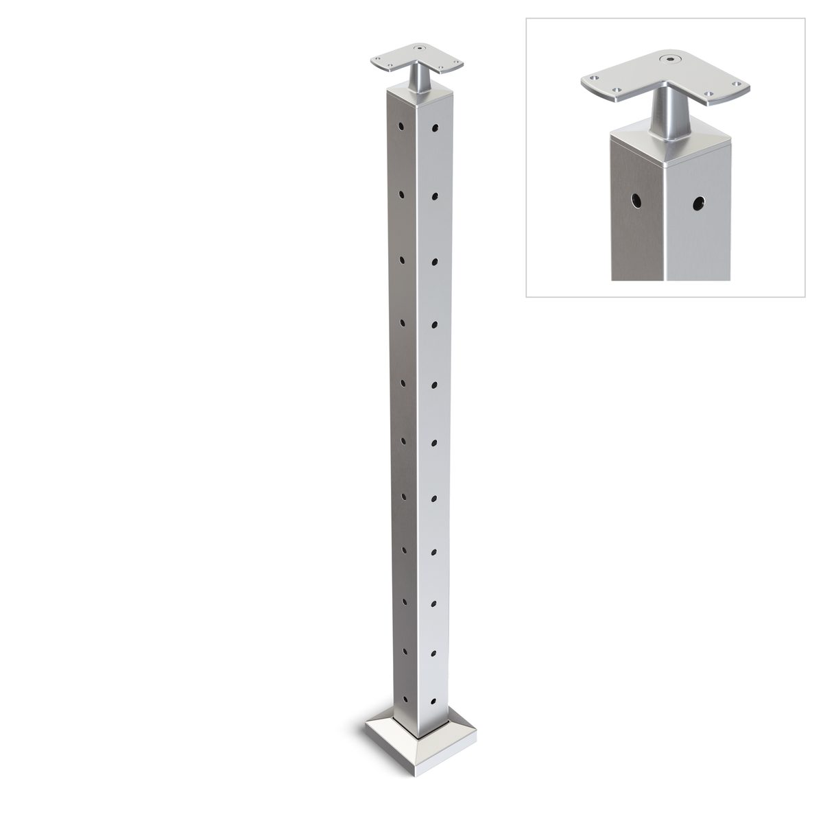 Square Corner Post with Corner Fixed Saddle - Flat Handrail - 960mm High - 50.8 x 50.8 x 3mm Tube - 22 x 9mm Holes in 2 Sides - Heavy Duty Base Plate and Cover - 316 Grade Stainless Steel Satin finish