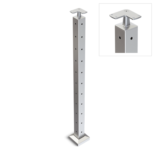 Square Corner Post with Corner Fixed Saddle - Flat Handrail - 960mm High - 50.8 x 50.8 x 3mm Tube - 22 x 9mm Holes in 2 Sides - Heavy Duty Base Plate and Cover - 316 Grade Stainless Steel Satin finish
