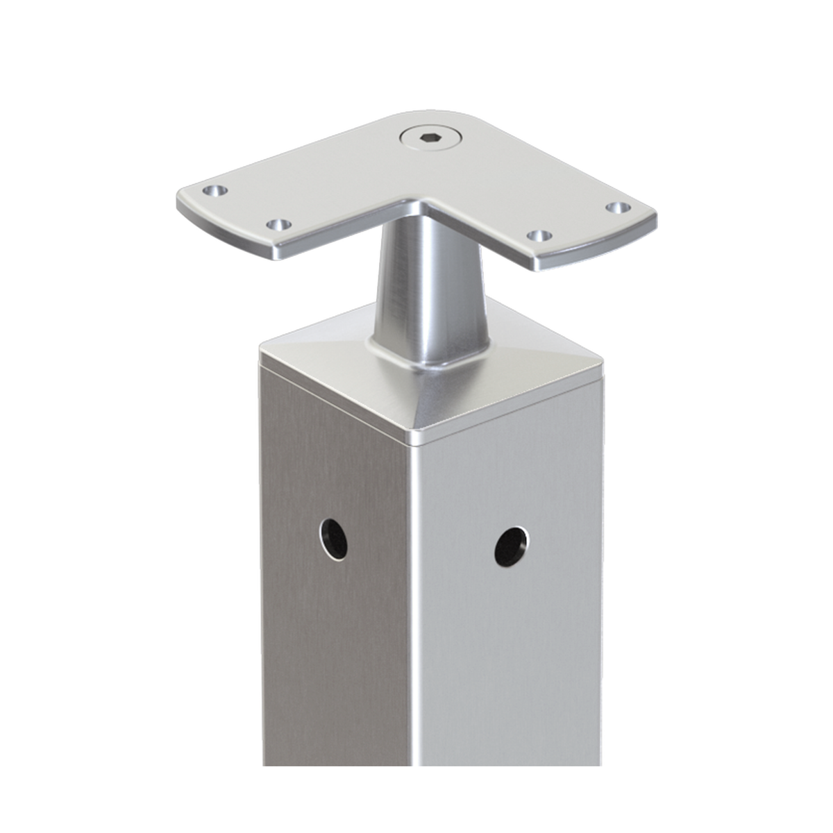 Square Corner Post with Corner Fixed Saddle - Flat Handrail - 960mm High - 50.8 x 50.8 x 3mm Tube - 22 x 9mm Holes in 2 Sides - Heavy Duty Base Plate and Cover - 316 Grade Stainless Steel Satin finish