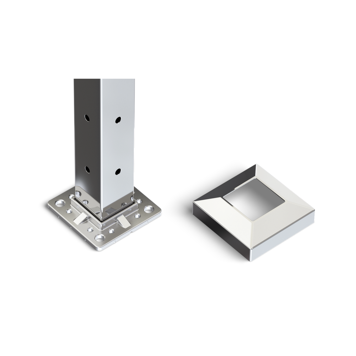 Square Corner Post with Corner Fixed Saddle - Round Handrail - 960mm High - 50.8 x 50.8 x 3mm Tube - 22 x 9mm Holes in 2 Sides - Heavy Duty Base Plate and Cover - 316 Grade Stainless Steel Mirror polished