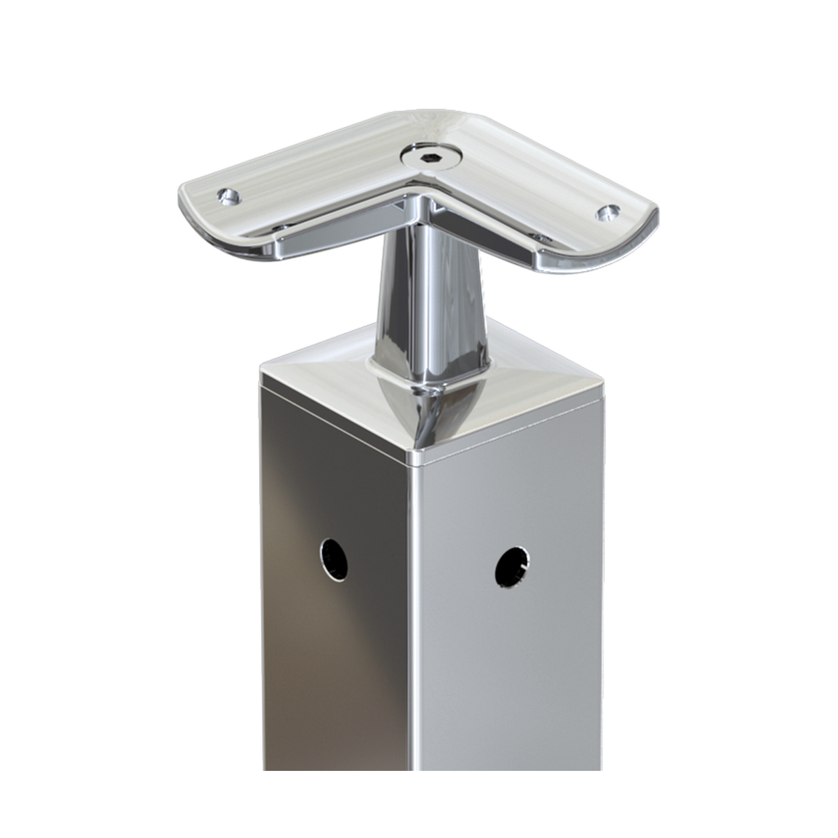 Square Corner Post with Corner Fixed Saddle - Round Handrail - 960mm High - 50.8 x 50.8 x 3mm Tube - 22 x 9mm Holes in 2 Sides - Heavy Duty Base Plate and Cover - 316 Grade Stainless Steel Mirror polished
