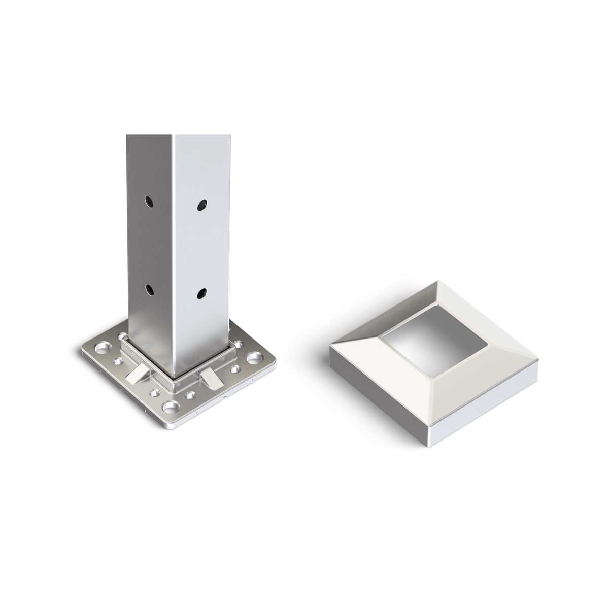 Square Corner Post with Corner Fixed Saddle - Round Handrail - 960mm High - 50.8 x 50.8 x 3mm Tube - 22 x 9mm Holes in 2 Sides - Heavy Duty Base Plate and Cover - 316 Grade Stainless Steel Satin finish