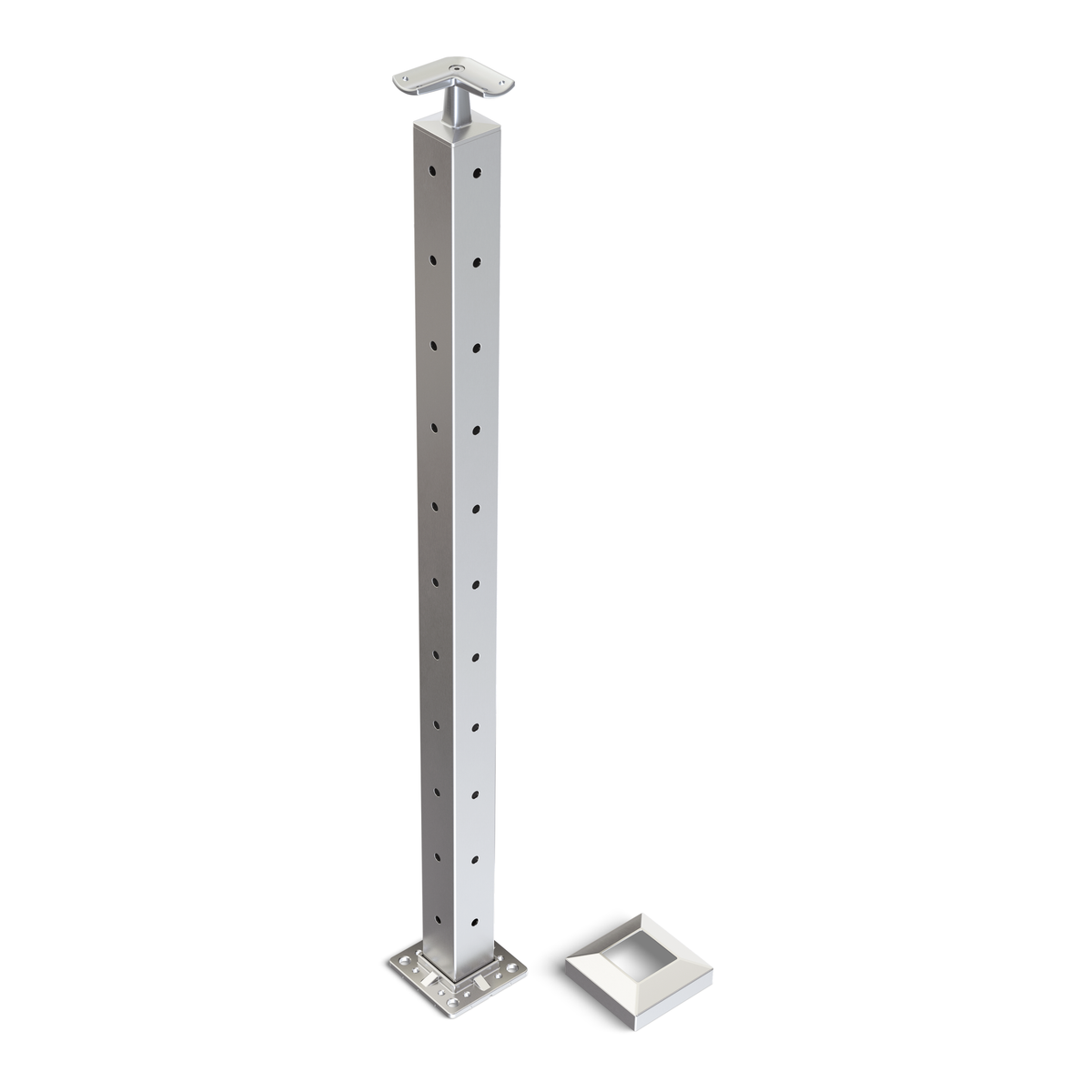 Square Corner Post with Corner Fixed Saddle - Round Handrail - 960mm High - 50.8 x 50.8 x 3mm Tube - 22 x 9mm Holes in 2 Sides - Heavy Duty Base Plate and Cover - 316 Grade Stainless Steel Satin finish