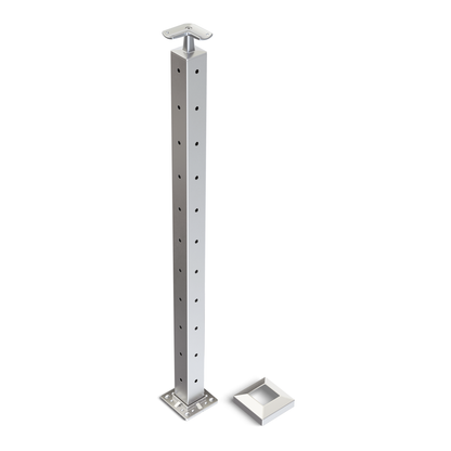 Square Corner Post with Corner Fixed Saddle - Round Handrail - 960mm High - 50.8 x 50.8 x 3mm Tube - 22 x 9mm Holes in 2 Sides - Heavy Duty Base Plate and Cover - 316 Grade Stainless Steel Satin finish