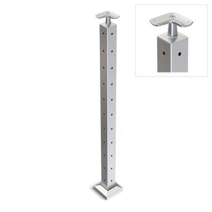 Square Corner Post with Corner Fixed Saddle - Round Handrail - 960mm High - 50.8 x 50.8 x 3mm Tube - 22 x 9mm Holes in 2 Sides - Heavy Duty Base Plate and Cover - 316 Grade Stainless Steel Satin finish