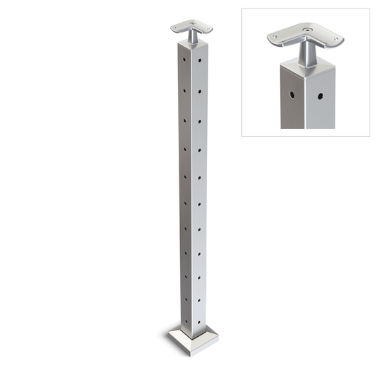 Square Corner Post with Corner Fixed Saddle - Round Handrail - 960mm High - 50.8 x 50.8 x 3mm Tube - 22 x 9mm Holes in 2 Sides - Heavy Duty Base Plate and Cover - 316 Grade Stainless Steel Satin finish