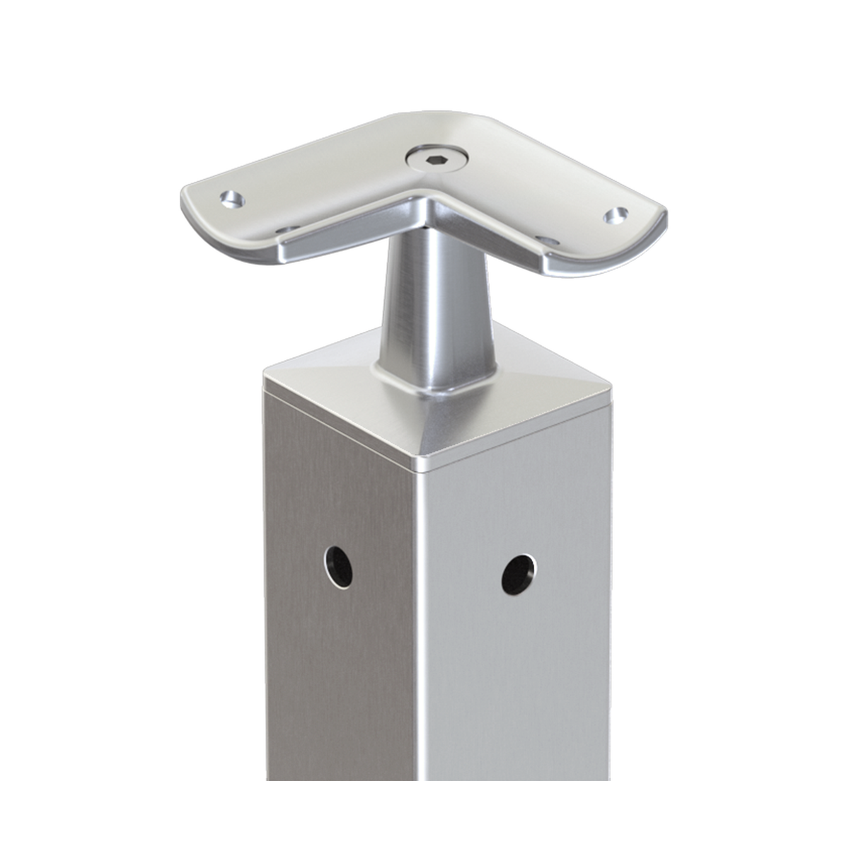 Square Corner Post with Corner Fixed Saddle - Round Handrail - 960mm High - 50.8 x 50.8 x 3mm Tube - 22 x 9mm Holes in 2 Sides - Heavy Duty Base Plate and Cover - 316 Grade Stainless Steel Satin finish