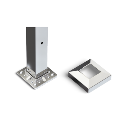 Square Stair End Post with Straight Adjustable Saddle - Flat Handrail - 960mm High - 50.8 x 50.8 x 3mm Tube - 11 x 9mm Holes in 1 Side - Heavy Duty Base Plate and Cover - 316 Grade Stainless Steel Mirror polished