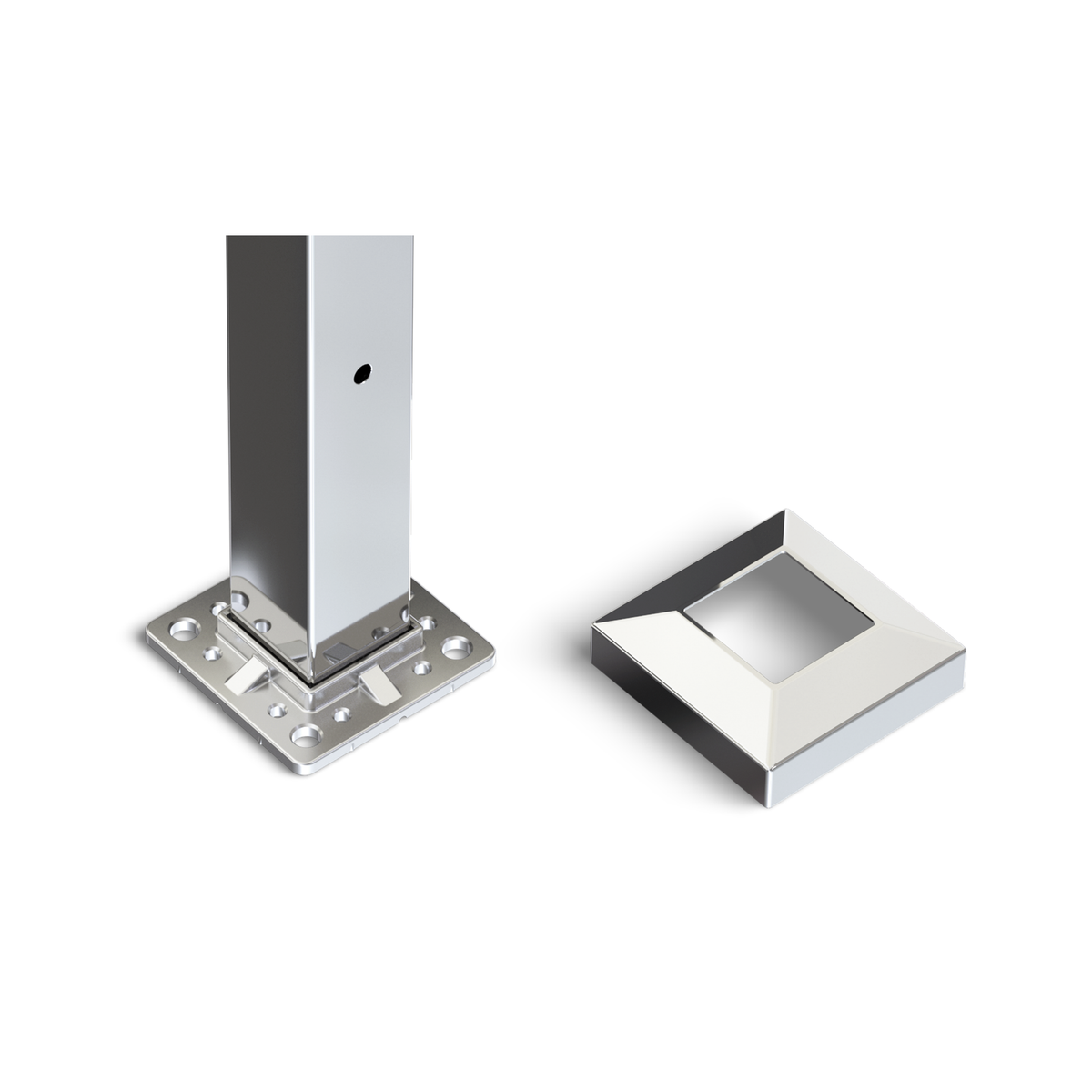 Square Stair Intermediate Post with Straight Adjustable Saddle - Flat Handrail - 960mm High - 50.8 x 50.8 x 1.6mm Tube - Up to 11 x 9.5mm Holes in 2 Sides - Heavy Duty Base Plate and Cover - 316 Grade Stainless Steel Mirror polished