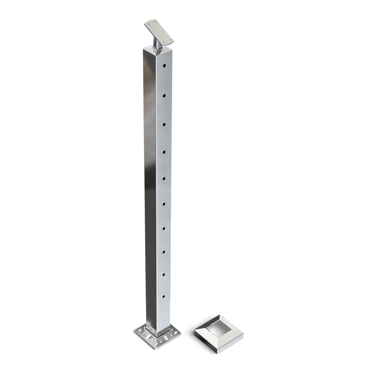 Square Stair End Post with Straight Adjustable Saddle - Flat Handrail - 960mm High - 50.8 x 50.8 x 3mm Tube - 11 x 9mm Holes in 1 Side - Heavy Duty Base Plate and Cover - 316 Grade Stainless Steel Mirror polished