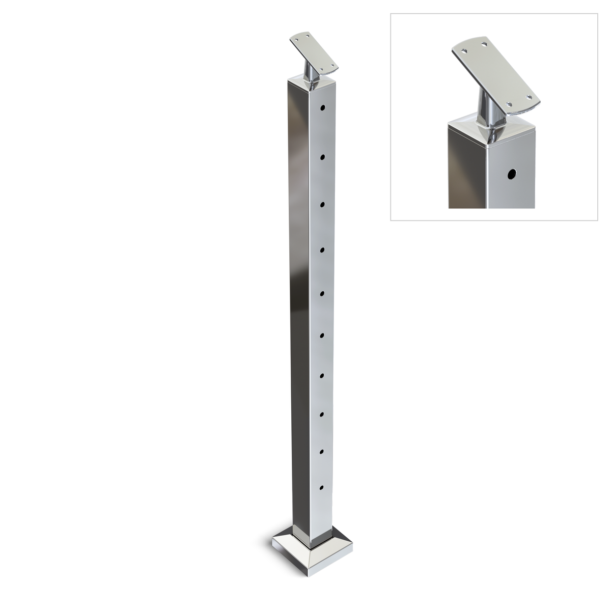 Square Stair End Post with Straight Adjustable Saddle - Flat Handrail - 960mm High - 50.8 x 50.8 x 3mm Tube - 11 x 9mm Holes in 1 Side - Heavy Duty Base Plate and Cover - 316 Grade Stainless Steel Mirror polished