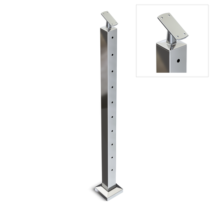 Square Stair End Post with Straight Adjustable Saddle - Flat Handrail - 960mm High - 50.8 x 50.8 x 3mm Tube - 11 x 9mm Holes in 1 Side - Heavy Duty Base Plate and Cover - 316 Grade Stainless Steel Mirror polished