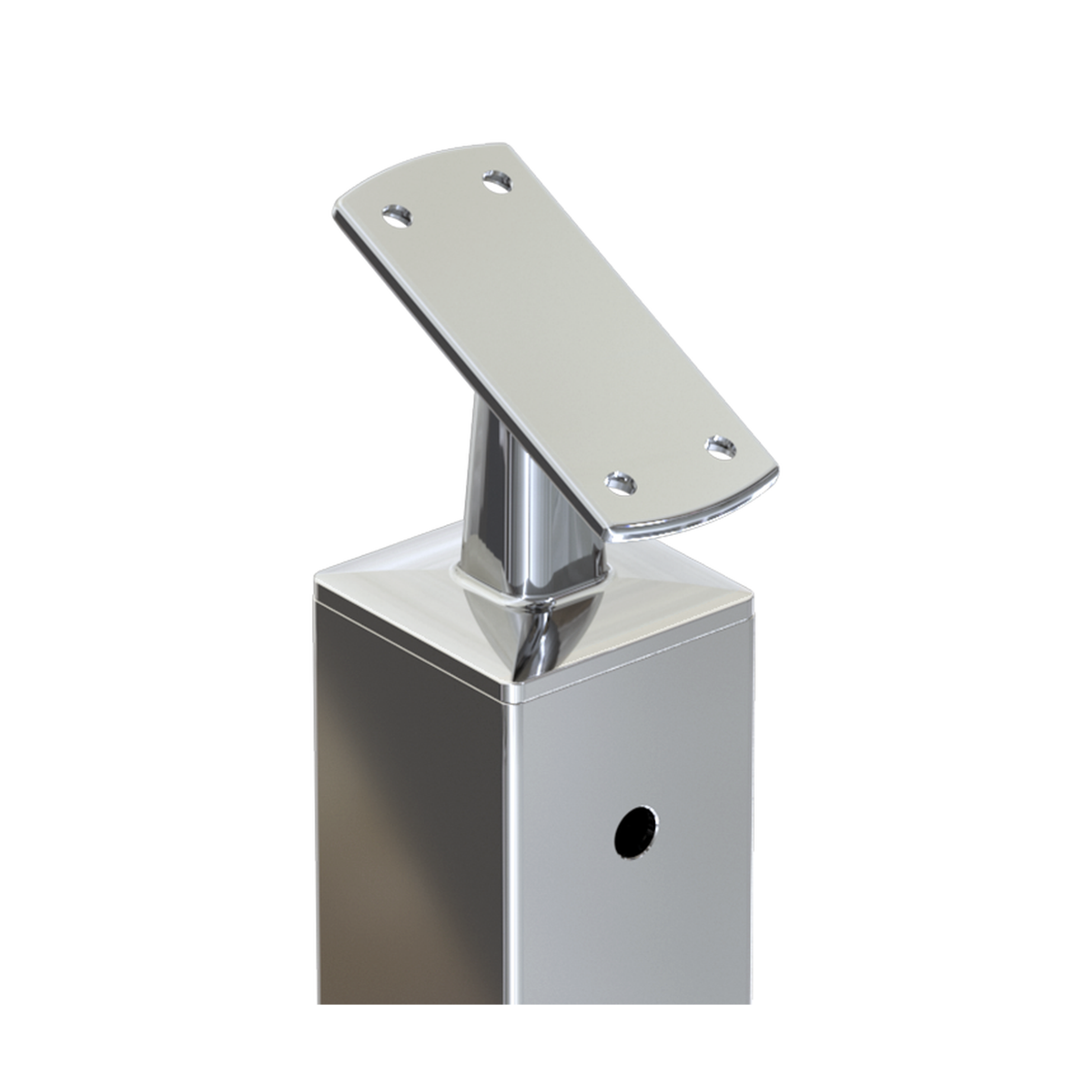 Square Stair End Post with Straight Adjustable Saddle - Flat Handrail - 960mm High - 50.8 x 50.8 x 3mm Tube - 11 x 9mm Holes in 1 Side - Heavy Duty Base Plate and Cover - 316 Grade Stainless Steel Mirror polished