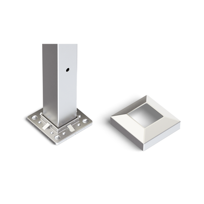 Square Stair End Post with Straight Adjustable Saddle - Flat Handrail - 960mm High - 50.8 x 50.8 x 3mm Tube - 11 x 9mm Holes in 1 Side - Heavy Duty Base Plate and Cover - 316 Grade Stainless Steel Satin finish