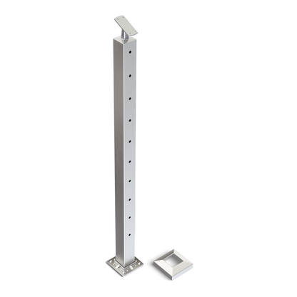 Square Stair End Post with Straight Adjustable Saddle - Flat Handrail - 960mm High - 50.8 x 50.8 x 3mm Tube - 11 x 9mm Holes in 1 Side - Heavy Duty Base Plate and Cover - 316 Grade Stainless Steel Satin finish