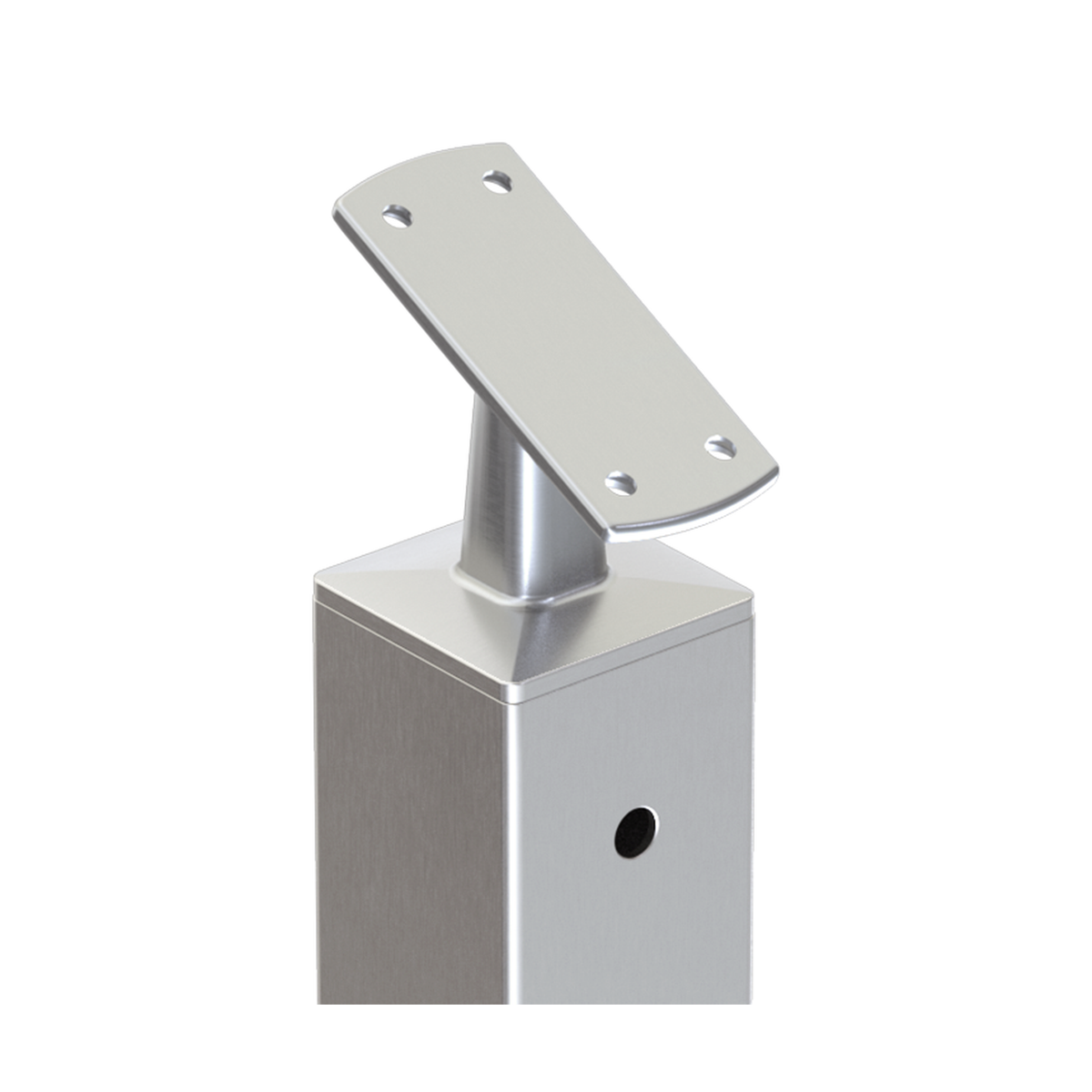 Square Stair End Post with Straight Adjustable Saddle - Flat Handrail - 960mm High - 50.8 x 50.8 x 3mm Tube - 11 x 9mm Holes in 1 Side - Heavy Duty Base Plate and Cover - 316 Grade Stainless Steel Satin finish