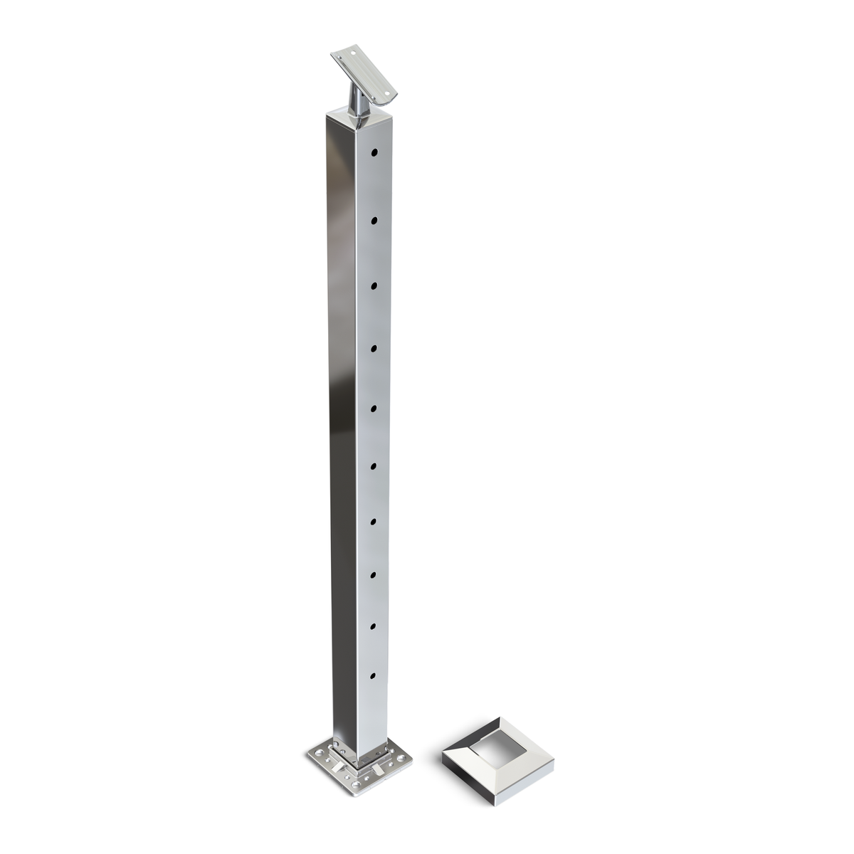 Square Stair End Post with Straight Adjustable Saddle - Round Handrail - 960mm High - 50.8 x 50.8 x 3mm Tube - 11 x 9mm Holes in 1 Side - Heavy Duty Base Plate and Cover - 316 Grade Stainless Steel Mirror polished