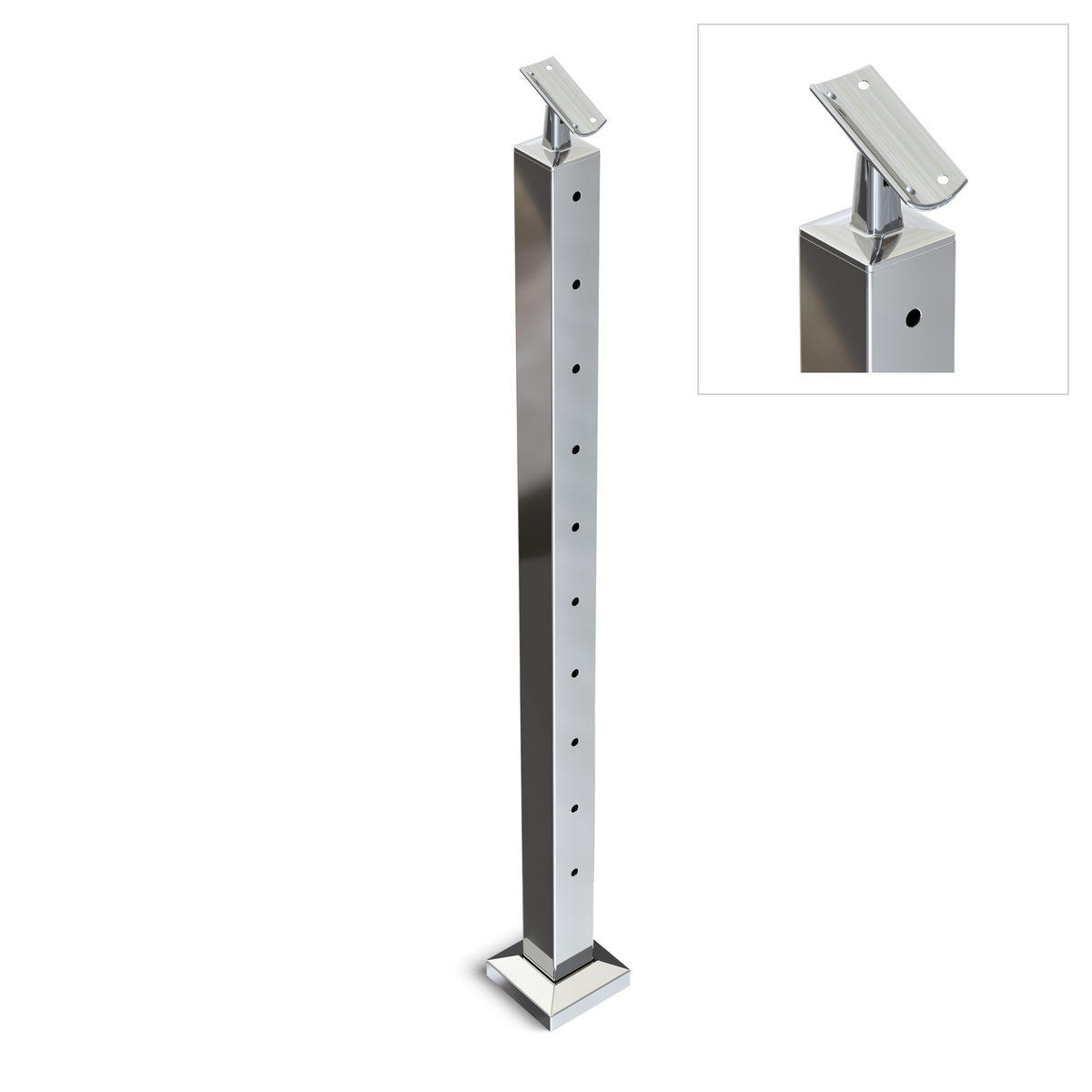 Square Stair End Post with Straight Adjustable Saddle - Round Handrail - 960mm High - 50.8 x 50.8 x 3mm Tube - 11 x 9mm Holes in 1 Side - Heavy Duty Base Plate and Cover - 316 Grade Stainless Steel Mirror polished