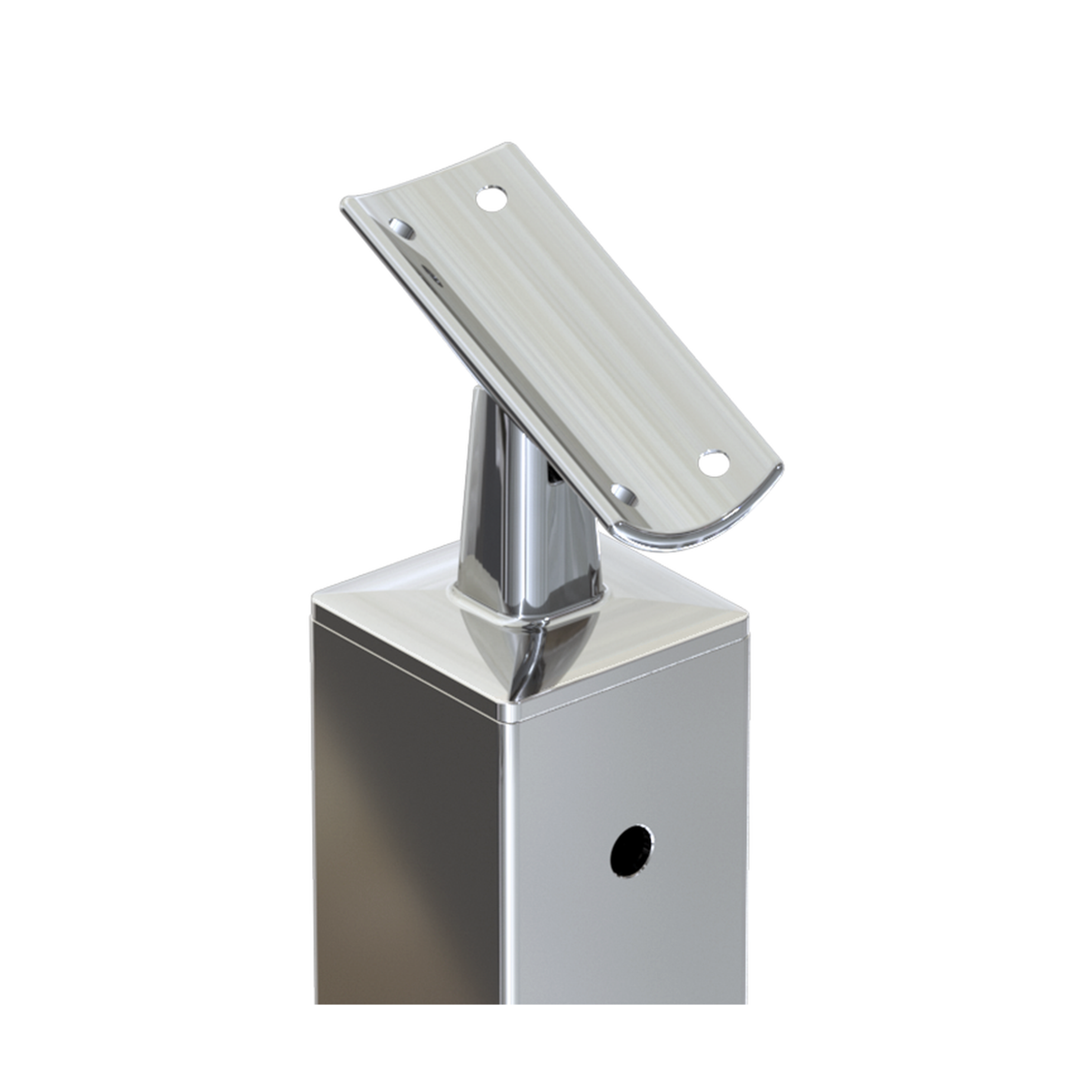 Square Stair End Post with Straight Adjustable Saddle - Round Handrail - 960mm High - 50.8 x 50.8 x 3mm Tube - 11 x 9mm Holes in 1 Side - Heavy Duty Base Plate and Cover - 316 Grade Stainless Steel Mirror polished