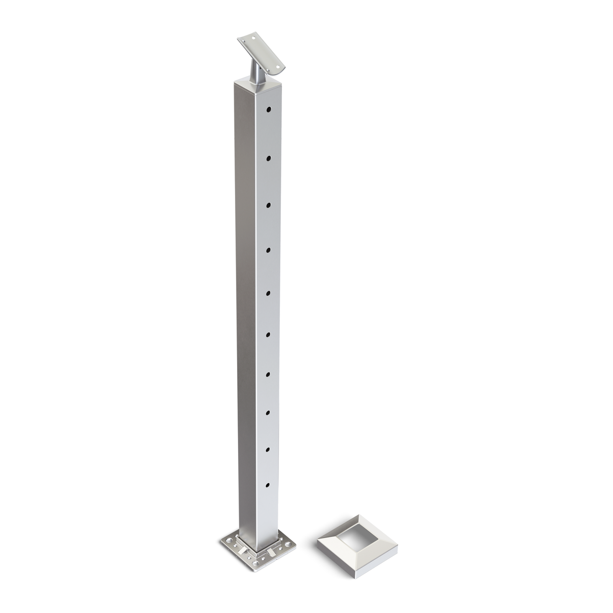 Square Stair End Post with Straight Adjustable Saddle - Round Handrail - 960mm High - 50.8 x 50.8 x 3mm Tube - 11 x 9mm Holes in 1 Side - Heavy Duty Base Plate and Cover - 316 Grade Stainless Steel Satin finish