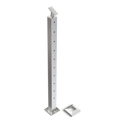 Square Stair Intermediate Post with Straight Adjustable Saddle - Round Handrail - 960mm High - 50.8 x 50.8 x 1.6mm Tube - Up to 11 x 9.5mm Holes in 2 Sides - Heavy Duty Base Plate and Cover - 316 Grade Stainless Steel Satin finish