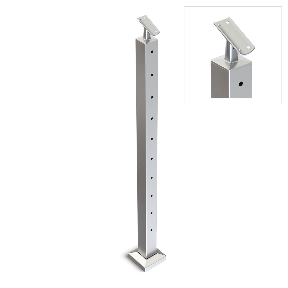 Square Stair End Post with Straight Adjustable Saddle - Round Handrail - 960mm High - 50.8 x 50.8 x 3mm Tube - 11 x 9mm Holes in 1 Side - Heavy Duty Base Plate and Cover - 316 Grade Stainless Steel Satin finish