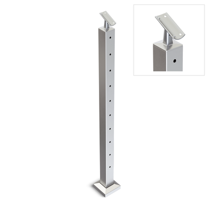 Square Stair End Post with Straight Adjustable Saddle - Round Handrail - 960mm High - 50.8 x 50.8 x 3mm Tube - 11 x 9mm Holes in 1 Side - Heavy Duty Base Plate and Cover - 316 Grade Stainless Steel Satin finish