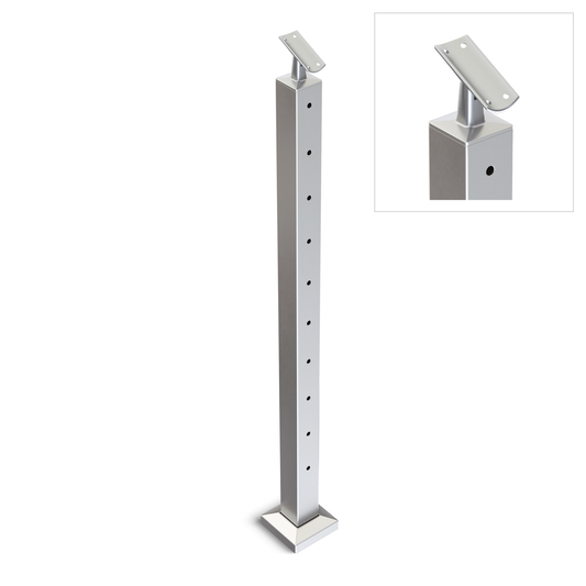 Square Stair End Post with Straight Adjustable Saddle - Round Handrail - 960mm High - 50.8 x 50.8 x 3mm Tube - 11 x 9mm Holes in 1 Side - Heavy Duty Base Plate and Cover - 316 Grade Stainless Steel Satin finish