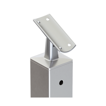 Square Stair End Post with Straight Adjustable Saddle - Round Handrail - 960mm High - 50.8 x 50.8 x 3mm Tube - 11 x 9mm Holes in 1 Side - Heavy Duty Base Plate and Cover - 316 Grade Stainless Steel Satin finish