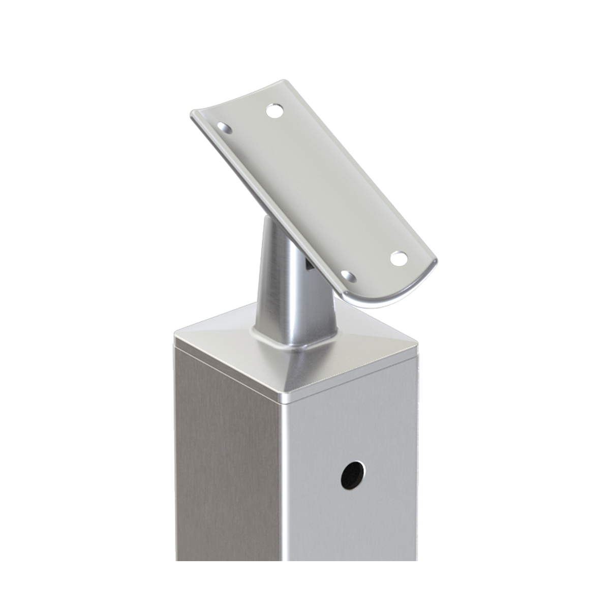 Square Stair Intermediate Post with Straight Adjustable Saddle - Round Handrail - 960mm High - 50.8 x 50.8 x 1.6mm Tube - Up to 11 x 9.5mm Holes in 2 Sides - Heavy Duty Base Plate and Cover - 316 Grade Stainless Steel Satin finish