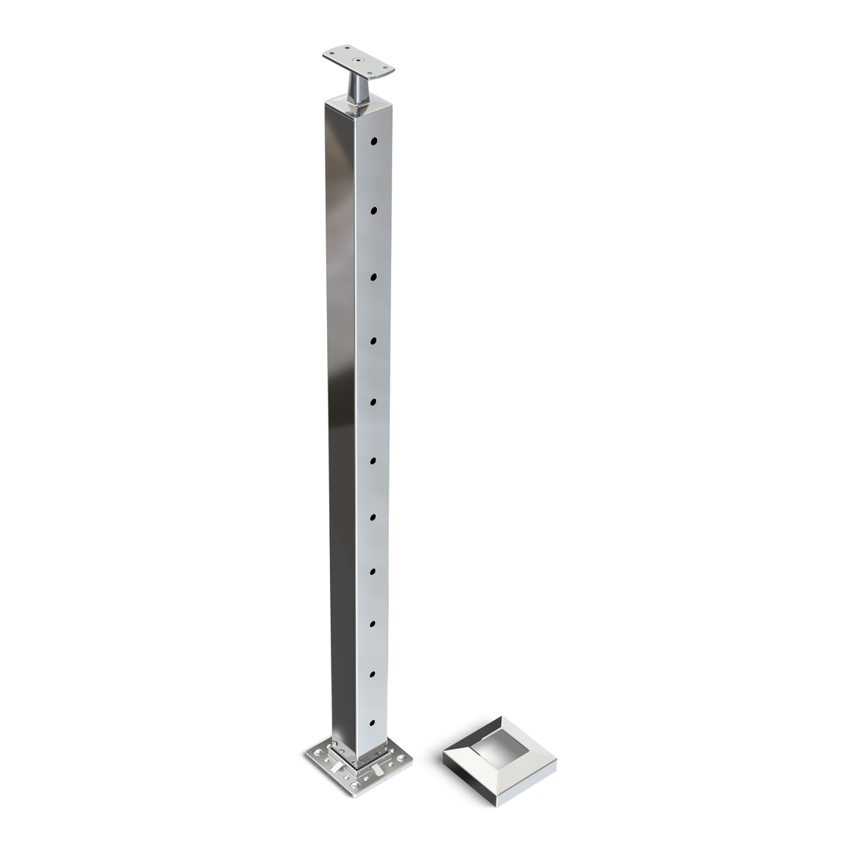 Square End Post with Straight Fixed Saddle - Flat Handrail - 960mm High - 50.8 x 50.8 x 3mm Tube - 11 x 9mm Holes in 1 Side - Heavy Duty Base Plate and Cover - 316 Grade Stainless Steel Mirror polished