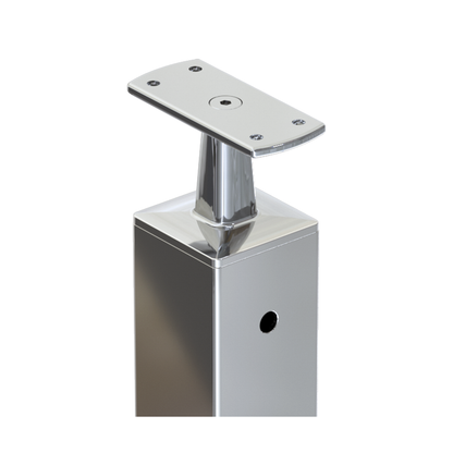 Square Intermediate Post with Straight Fixed Saddle - Flat Handrail - 960mm High - 50.8 x 50.8 x 1.6mm Tube - 22 x 8mm Holes in 2 Sides - Heavy Duty Base Plate and Cover - 316 Grade Stainless Steel Mirror polished