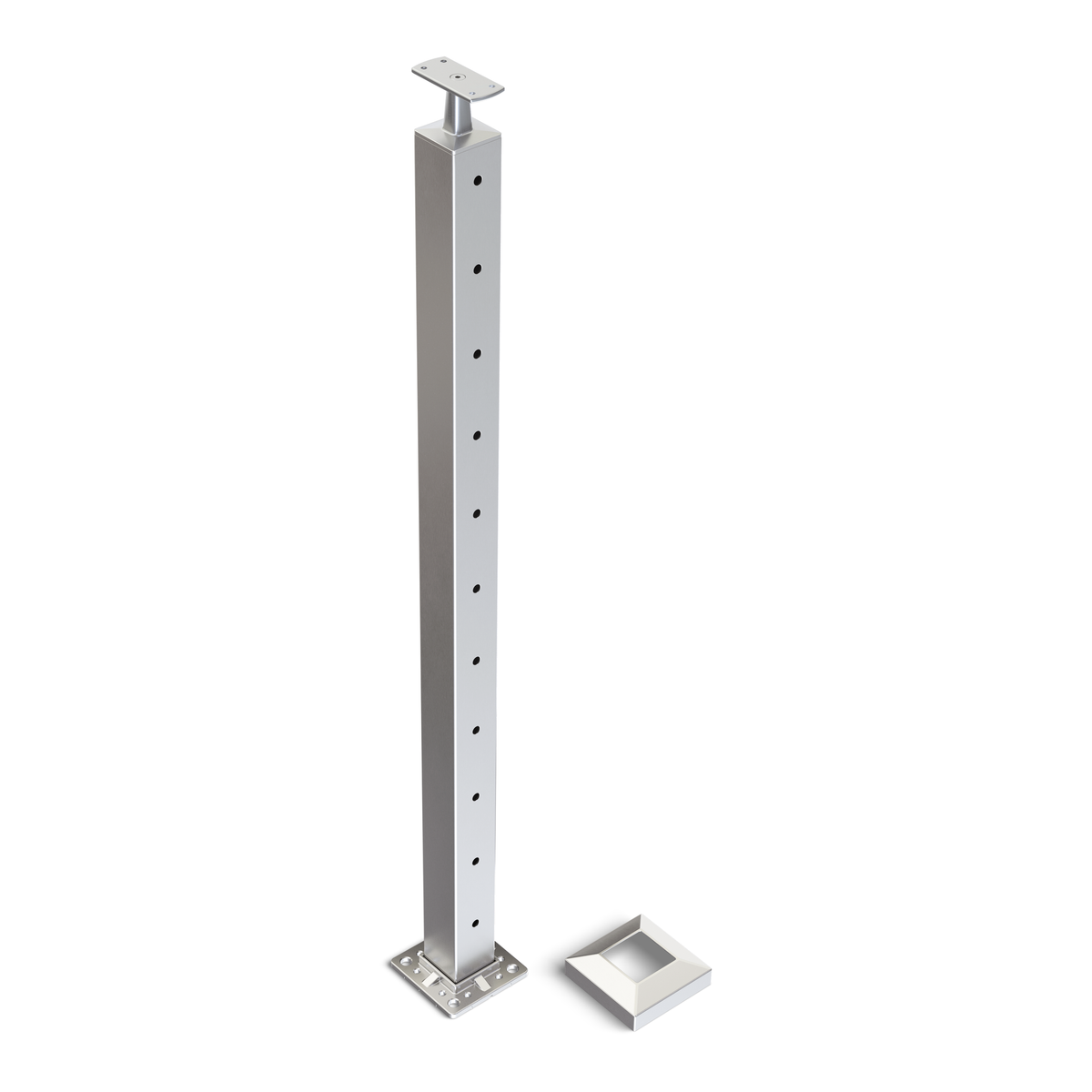 Square Intermediate Post with Straight Fixed Saddle - Flat Handrail - 960mm High - 50.8 x 50.8 x 1.6mm Tube - 22 x 8mm Holes in 2 Sides - Heavy Duty Base Plate and Cover - 316 Grade Stainless Steel Satin finish