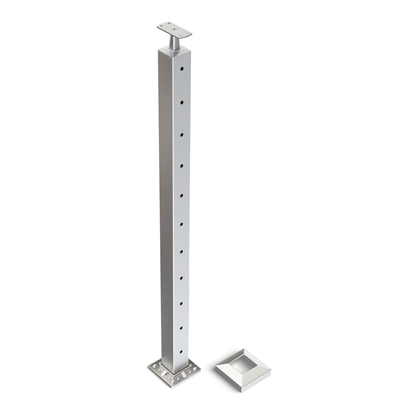 Square Intermediate Post with Straight Fixed Saddle - Flat Handrail - 960mm High - 50.8 x 50.8 x 1.6mm Tube - 22 x 8mm Holes in 2 Sides - Heavy Duty Base Plate and Cover - 316 Grade Stainless Steel Satin finish